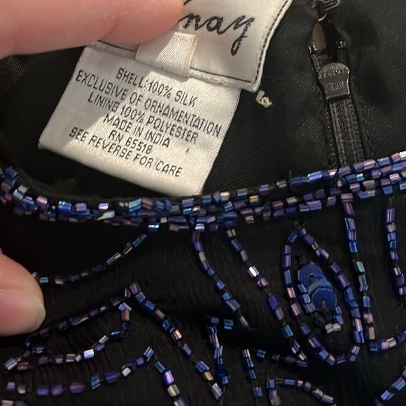 Stunning Vintage 80s 90s Beaded 100% Silk Long Sleeve Blouse Black Blue Small - Picture 7 of 8